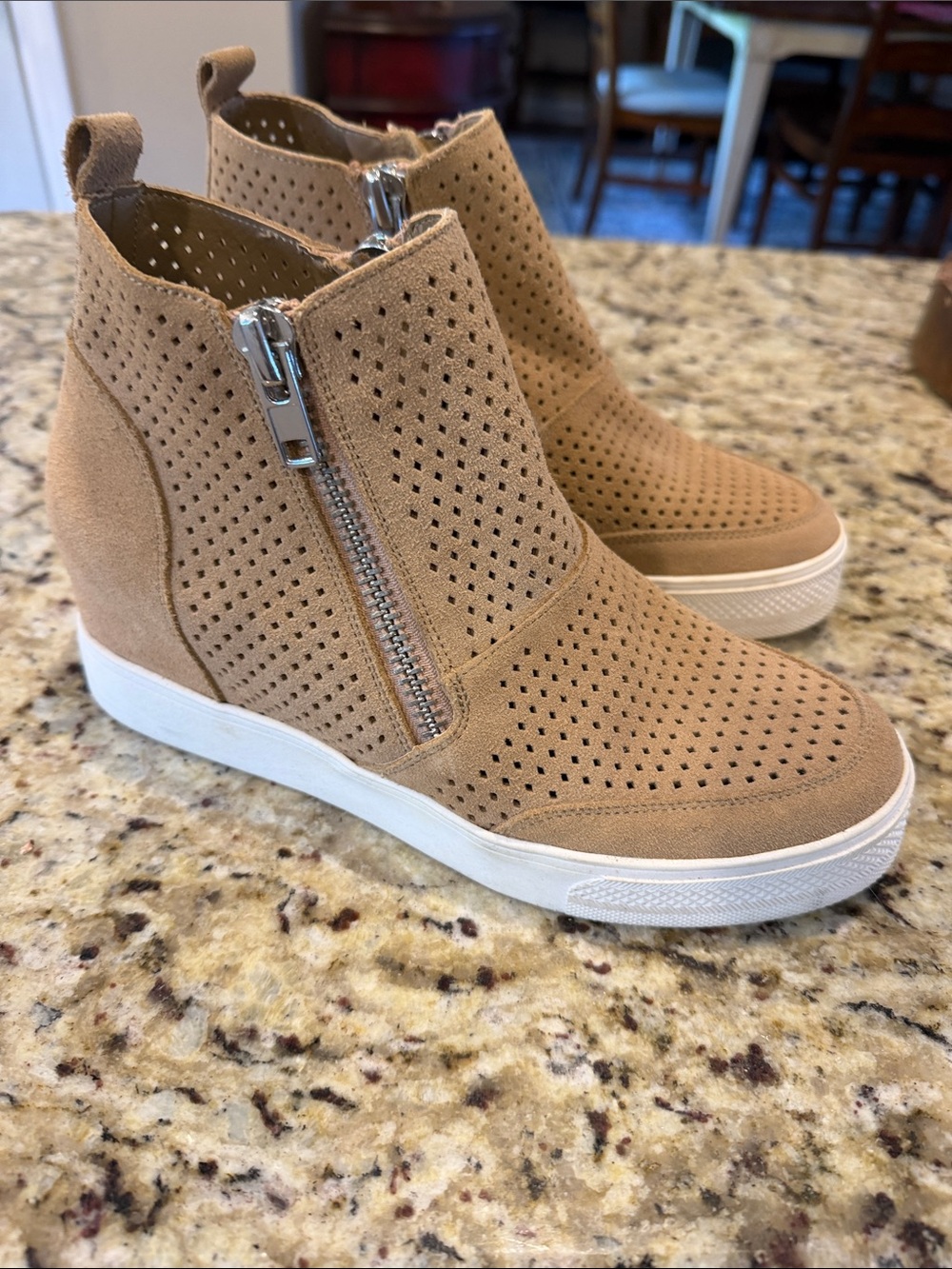 Steve Madden Perforated Tan Suede Wedge Sneaker
